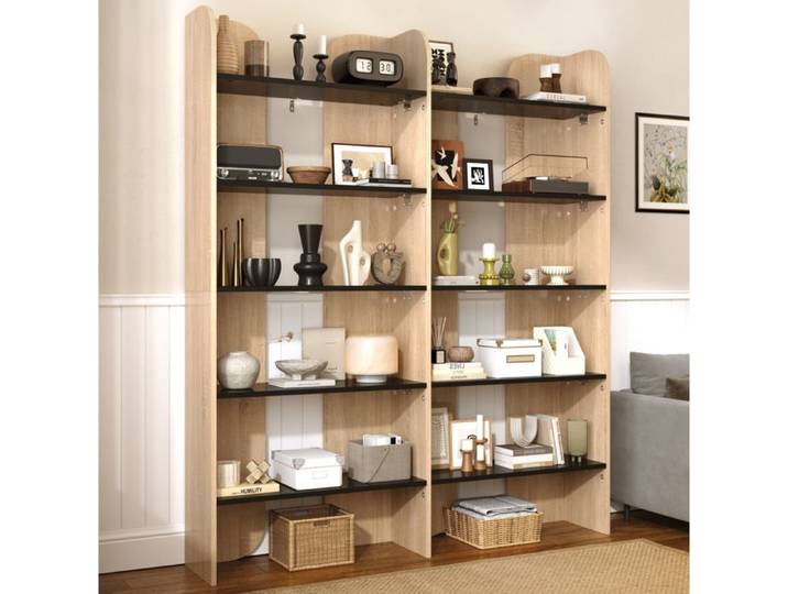 Bibliothèque ouverte sur pied 5 niveaux 160 cm – 135 x 25 cm – décor bois naturel et noir