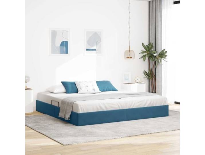 YUOTYRKTEJRSG Samt Freistehend Stauraumbett Blau 200x200 cm Ottoman Bettgestell mit Stauraum Samt Polsterbett mit Lattenrost Hydraulik Gaslift Funktionsbett mit Kunstleder Kopfteil
