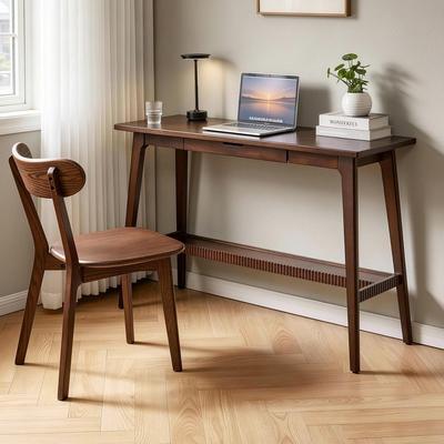 Solid Wood Study Desk with Drawer and Storage Shelf, Long Computer Desk for Home Office