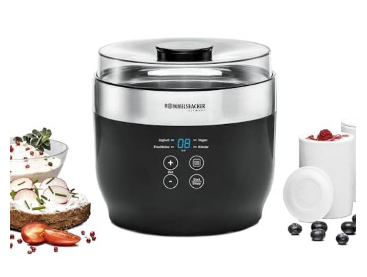 ROMMELSBACHER Joghurt- und Frischkäsebereiter JG 80 Jona , inkl. 4 Keramik Portionsbecher à 125 ml, 2 XXL Glasbehälter à 1,2 Liter, 4 voreingestellte Programme mit unterschiedlichen Temperaturen