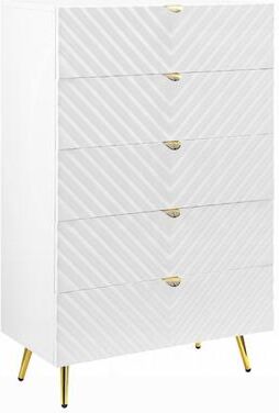 Benjara Tyra Tall Dresser Chest, 5 Wave Pattern Drawers with Gold Handles, White