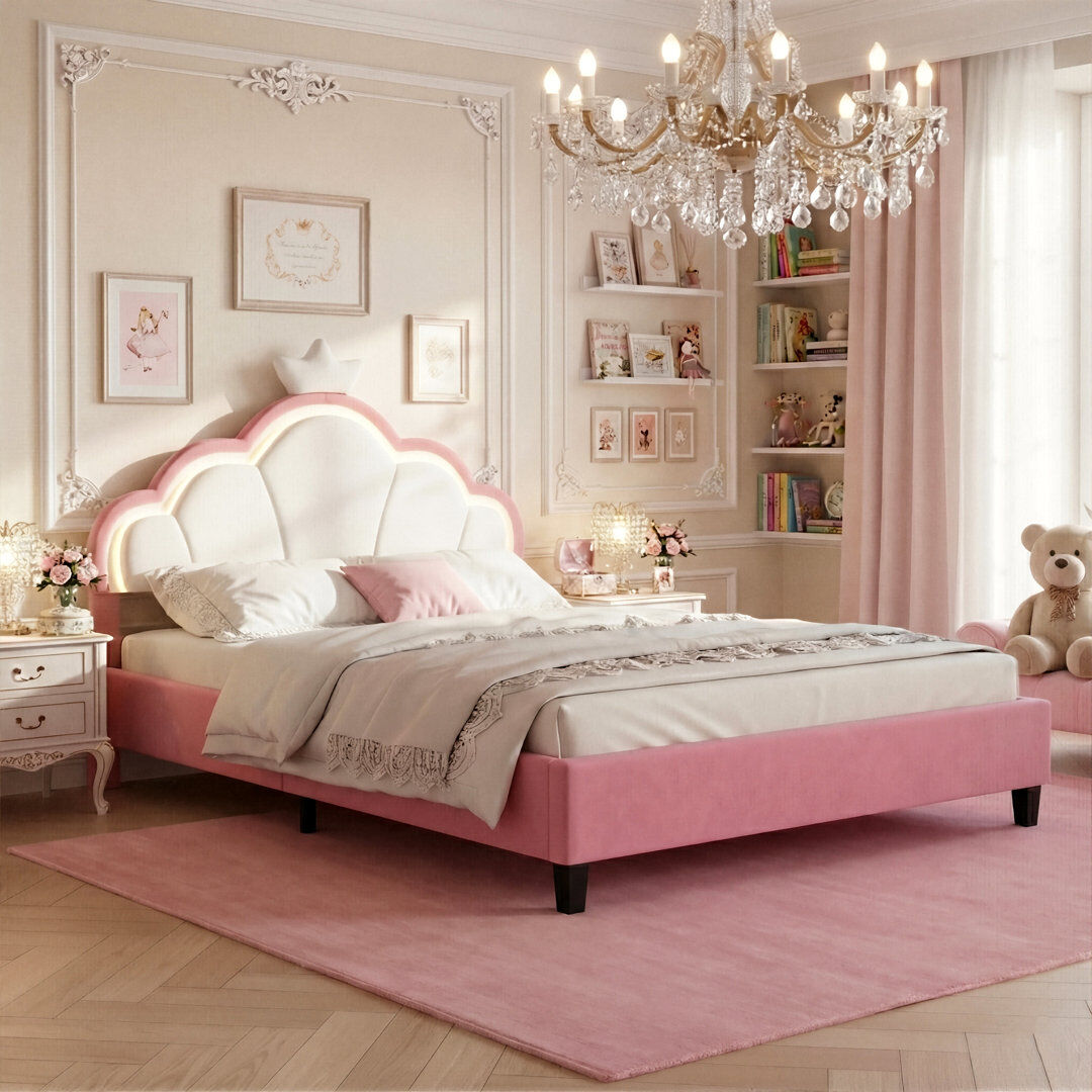 Fairmont Park UK & EU Single & Double Upholstered Princess Bed With LED Crown Headboard, Pink Velvet White;Pink European Double (140 x 200 cm)