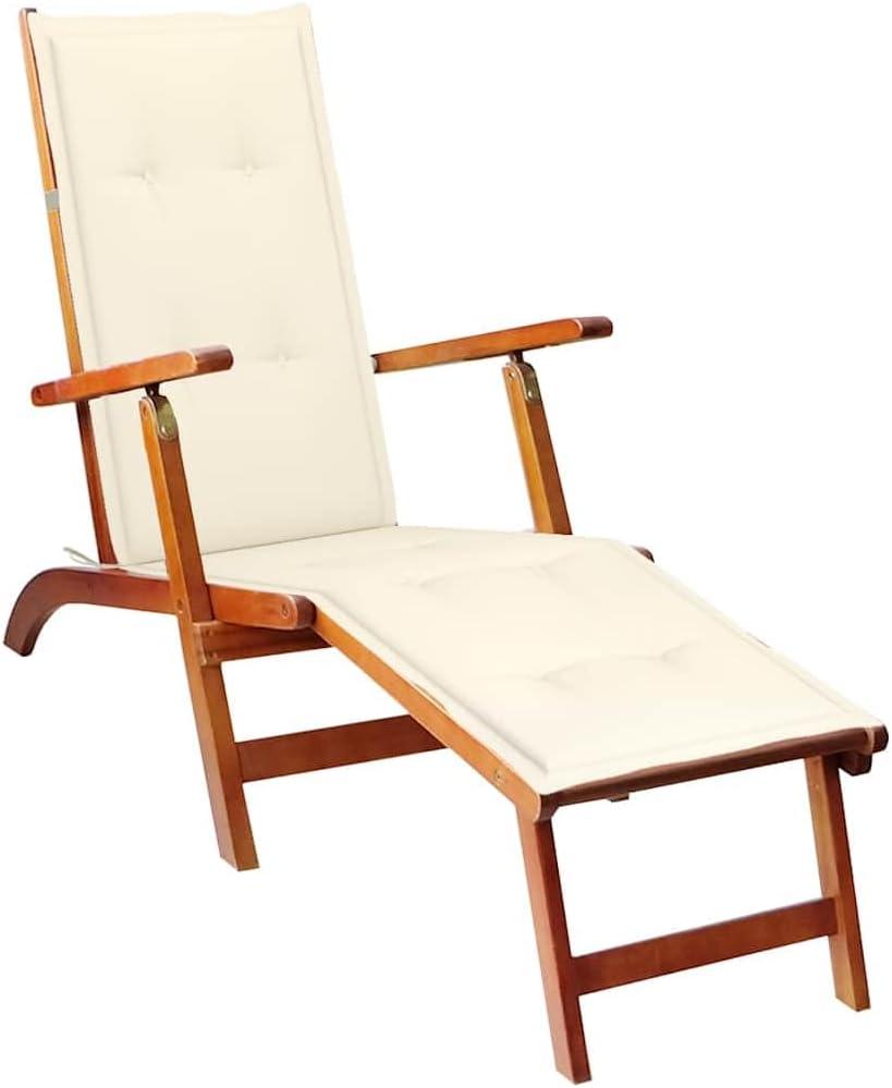 Klappbarer Liegestuhl aus massivem Akazienholz mit Fußstütze und Auflage, 3-fach verstellbar und wetterfest, ergonomisch für Garten, Terrasse und Balkon, inklusive Polster