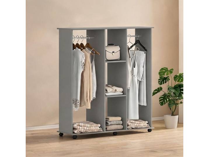 Armoire penderie grise en panneau de particules 120 x 40 x 128 cm 2 barres 3 étagères 6 roulettes
