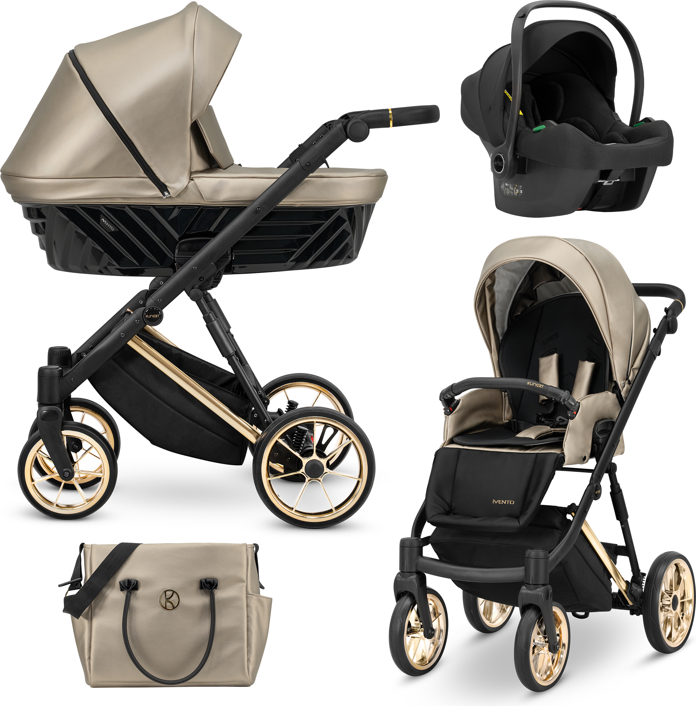 Kinderwagen Kunert Ivento Premium 3in1 - goldene Rahmenfarbe - Farbe: Eco Cappuccino Metallic