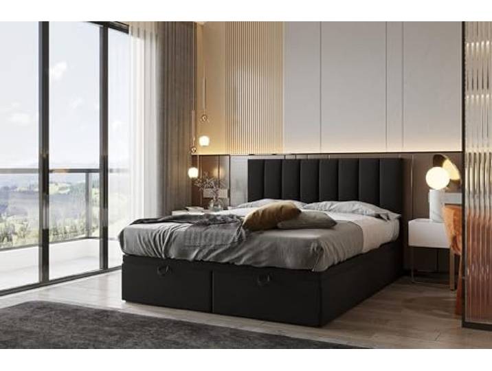 TRADA Boxspringbett Bond 140x200 cm, mit Matratze und Bettkasten, Schwarz Boxspringbett mit gestepptes Kopfteil, Double Bed fur Schlafzimmer