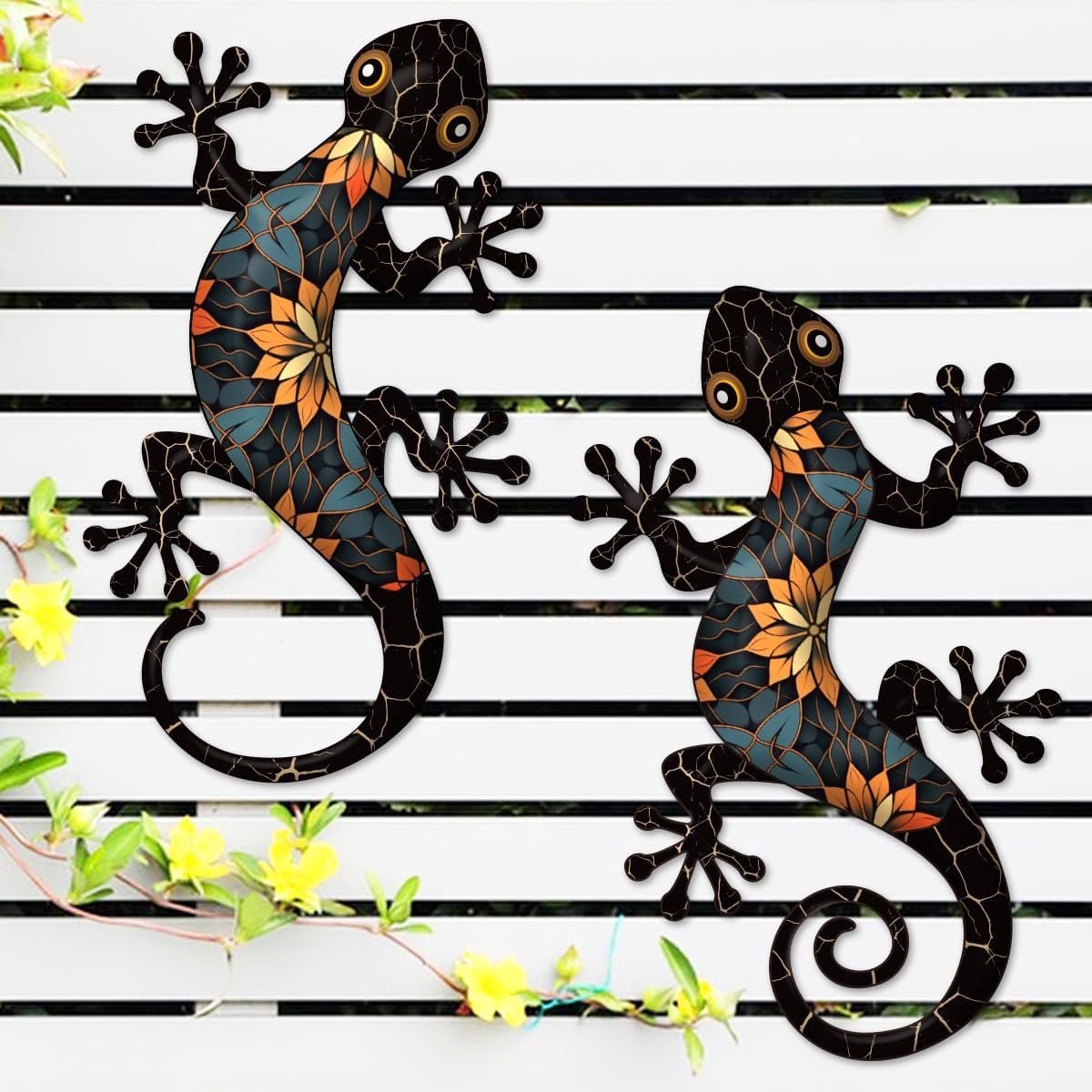 Set van 2 zwarte metalen gekko decoraties voor aan de muur, roestbestendige hagedis muurkunst voor in de tuin
