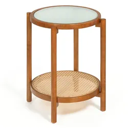 COSTWAY Couchtisch mit Glas & Rattan, runder Beistelltisch mit Stauraum, Nachttisch Akazie, 47,5x47,5x58 cm, Walnuss