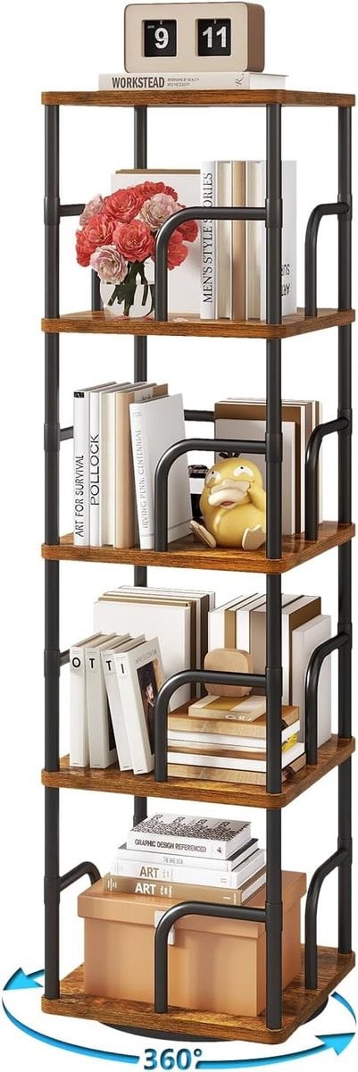 5-laags roterende vierkante boekenkast in bruin voor boeken en decoratie TBC004H