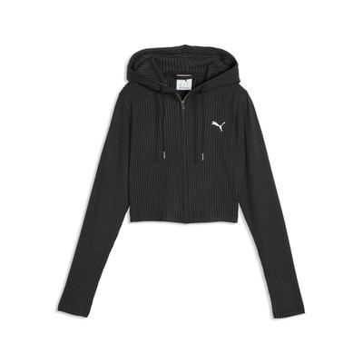 Hoodie PUMA "Essentials Slim Gerippte Kapuzenjacke Damen", Damen, Gr. S, schwarz, Obermaterial: 46% Polyester, 4% Elasthan, 50% Viskose, slim fit, Sweatshirts Hoodie