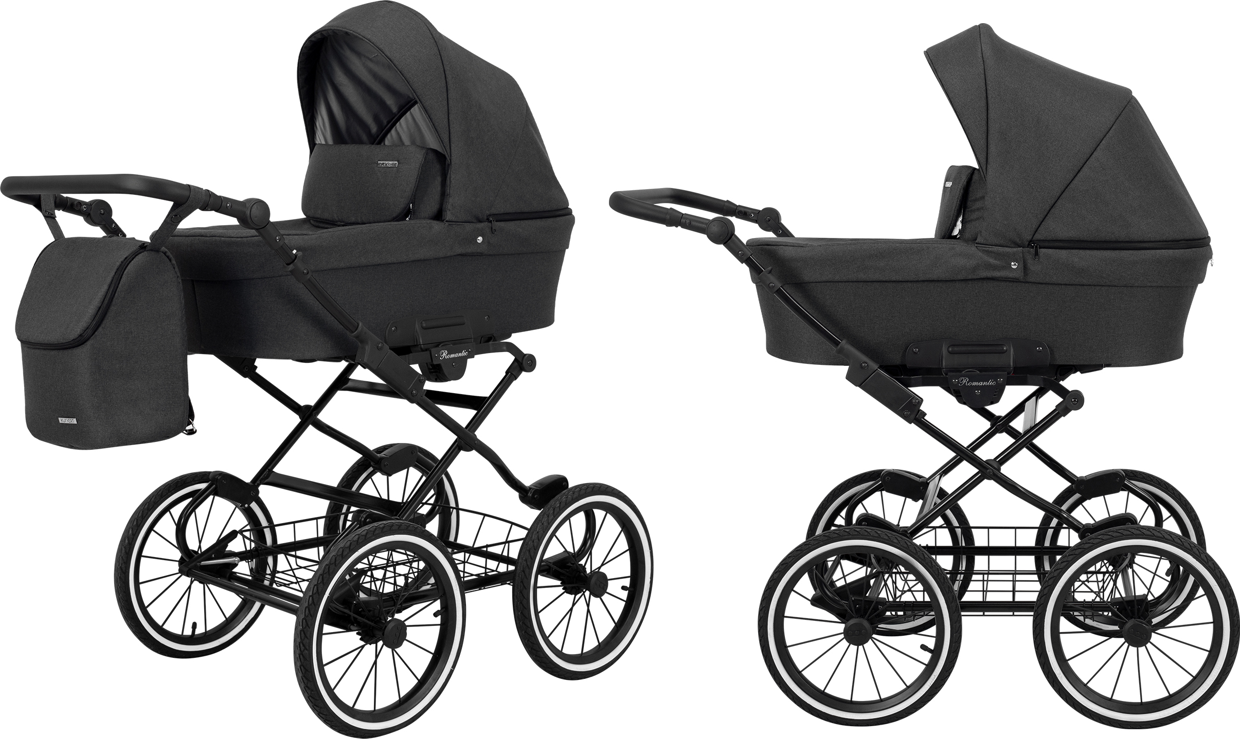 Kinderwagen ROMANTIC Babywagen Babyschale Kinder Wagen Set 1 in 1 (anthrazit, Rahmenfarbe: schwarz Rahmen)