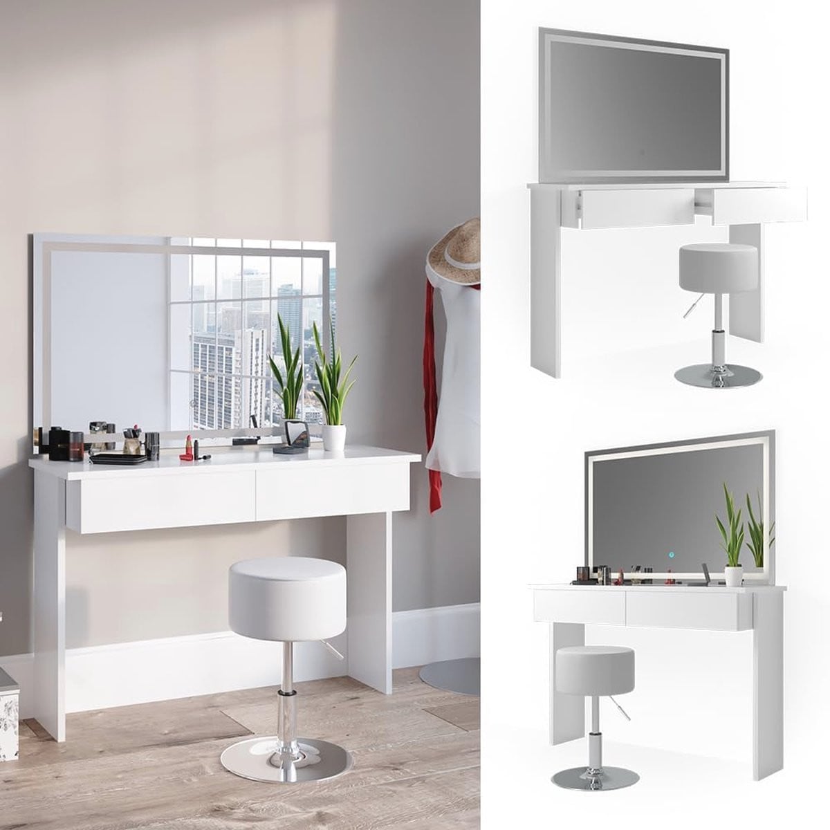 Moderne witte kaptafel met LED-spiegel en kruk, breedte: 120 cm