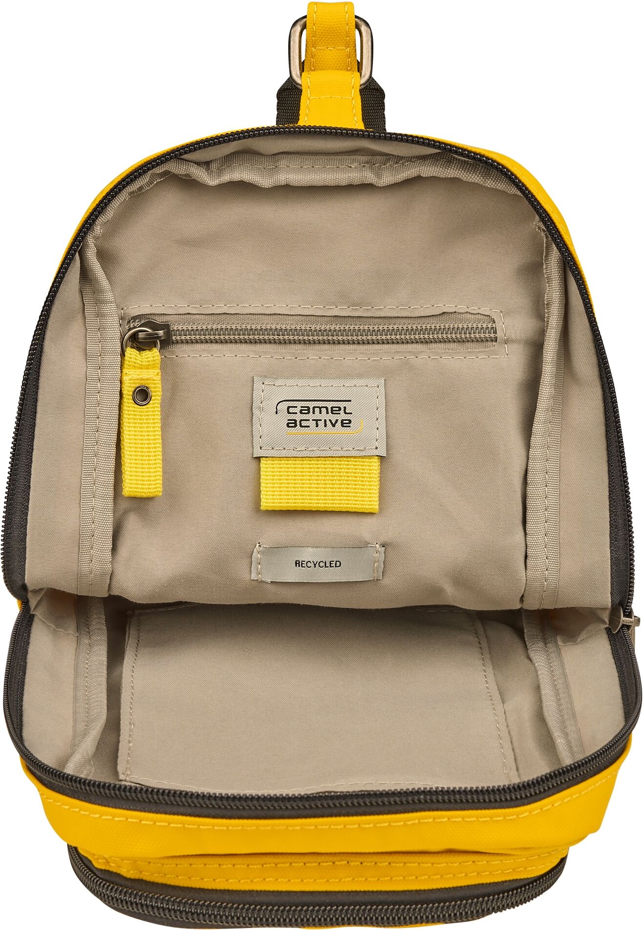 Cityrucksack CAMEL ACTIVE "Explore", Gr. B/H/T: 19,5cm x 27cm x 8,5cm, gelb, Nylon, bedruckt, beschichtet, clean, unifarben mit Farbeinsätzen, Rucksäcke Cityrucksack, wasserabweisendes recyceltes Nylon und reflektierende Reissverschlüsse gelb B/H/T: 19,5c