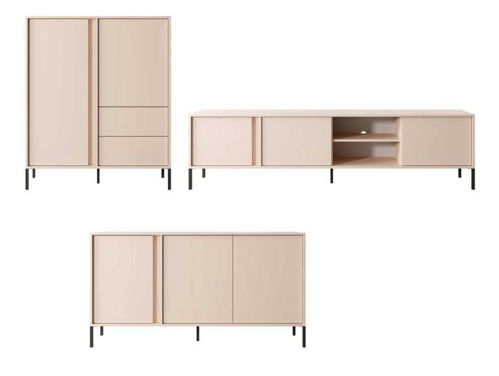 Feldmann-Wohnen Wohnwand Dast, (Vollauszugschubladen, Drehtüren, Einlegeböden, 3-St., moderne matte Optik, Grifflos, Push-to-Open), 3er-Set (Highboard, Lowboard (3D), Kommode (3D) - Ohne Beleuchtung