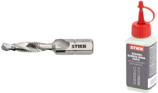 Set Stier STIER Kombigewindebohrer Bit M5 DIN 3126 HSS-G 1/4-Sechskant + STIER Gewindeschneidpaste Bohrpaste 100 ml Wasser-/ Seifenbasis