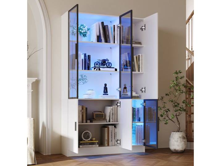 LPOSPI Vitrine portes verre trempé LED multicolore meuble haut salon étagères rangement blanc 120x35x200 cm