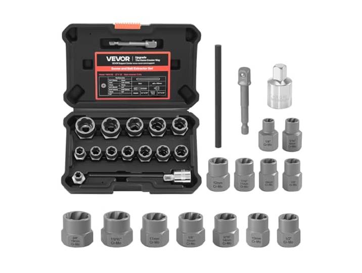 VEVOR Coffret Extracteurs de Boulons Endommagés 16PCs\, Jeu de Douilles d'Extraction d'Écrous Abîmés Rouillés Arrondis\, Utilisés avec Clé Dynamométrique ou Perceuse Électrique\, avec Adaptateurs