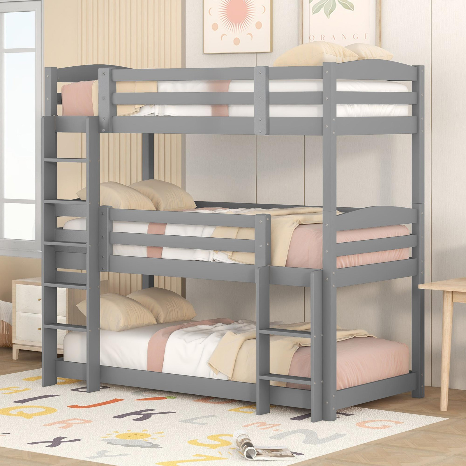 Merax Stapelbed voor kinderen, grenenhout, grijs, 90 x 200 cm