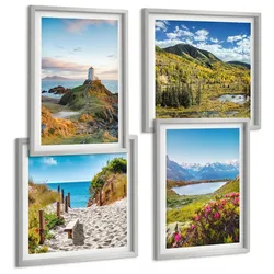 BILDER SET 4er Set - 50x50 cm & 40x60 cm Silberner Rahmen - Strand, Leuchtturm, Berge, Wiesen, Blumen