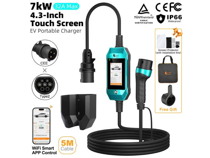 Feyree Chargeur EV portable 7 kW avec écran tactile 4,3 pouces, type 2, contrôle via application WiFi, chargeur domestique pour voiture électrique