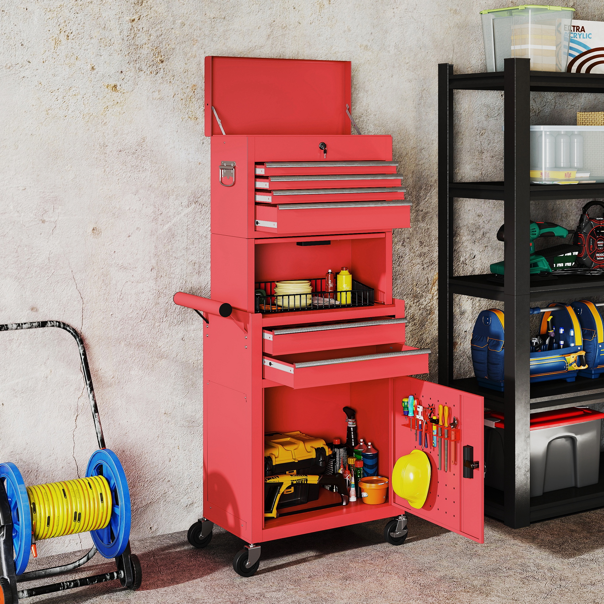 Homcom Carrello Porta Attrezzi in Acciaio con Serratura, 6 Cassetti, 2 Armadi, Pannello Forato, Ruote e Maniglia, Rosso   Aosom Italy