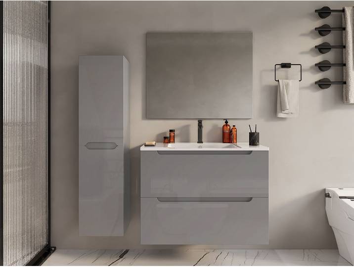 Waschbeckenunterschrank hängend mit Einzelwaschbecken & Badhochschrank - 80 cm - Grau - STEFANIE