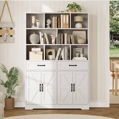 Garvee 71in Bookcase with 2 Drawers, 4 Doors & 8 Open Cubes, 6-Tier Large Wooden Bookshelf, Storage Cabinet Organizer