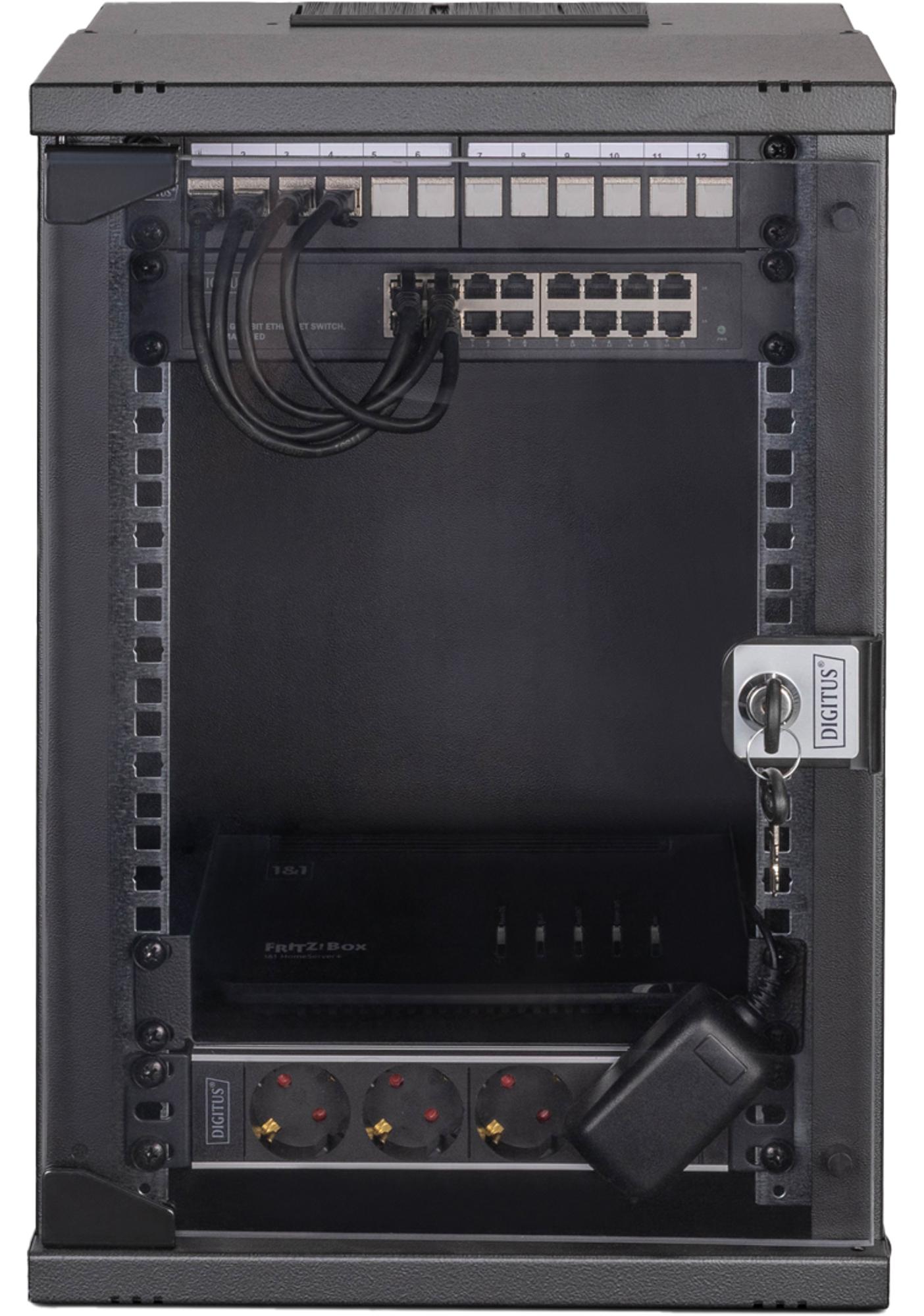 Digitus Netzwerk-Set SOHO Pro, 254 mm (10") - 9HE, 315 x 300 mm (B x T), Wandmontiertes Regal, 9U, 60 kg, Sperrschloss, Ablageschienen, Verbessertes Kabelmanagement