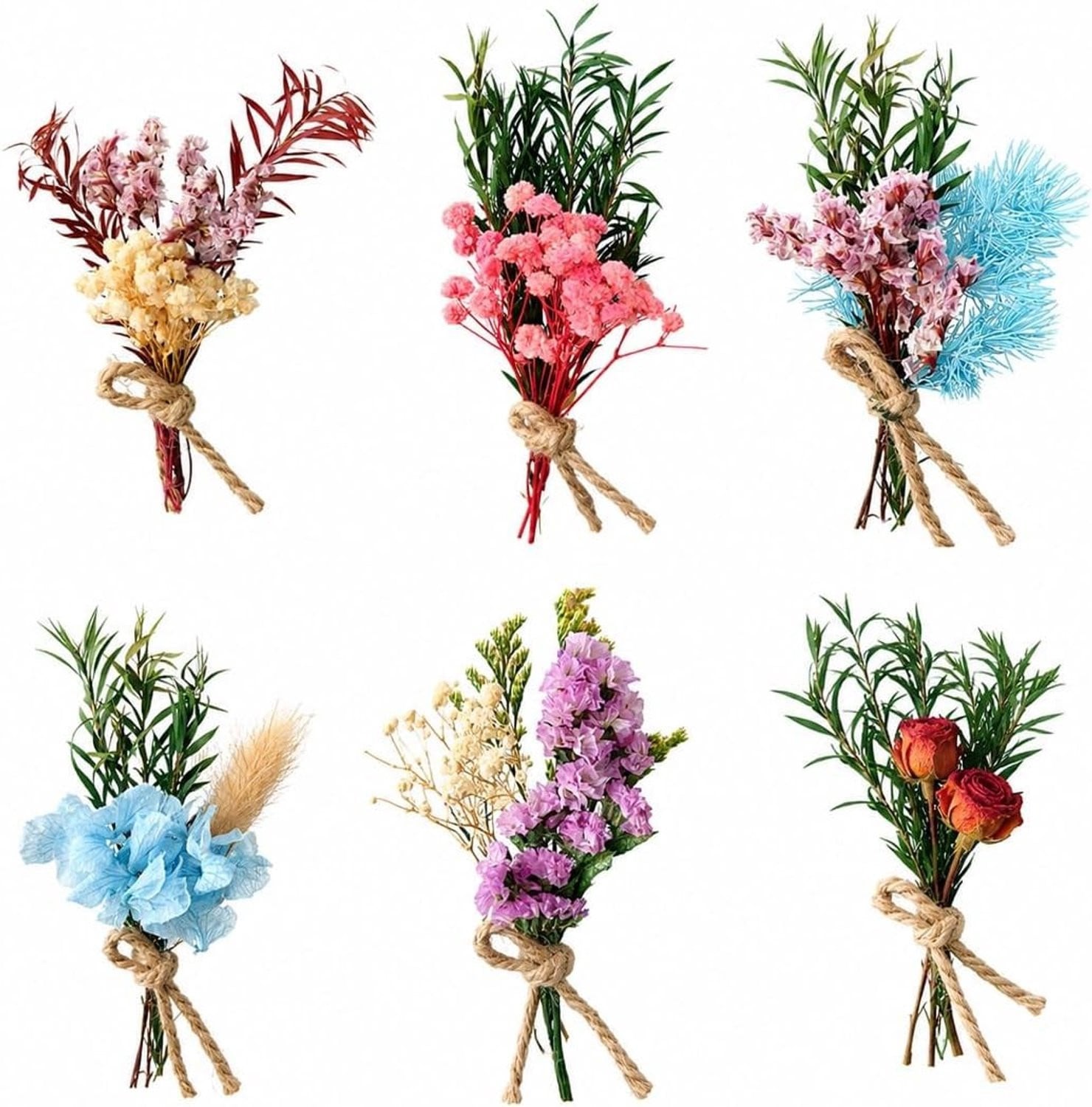 Set van 6 natuurlijke mini boeketten van gedroogde bloemen voor decoratie en bruiloften