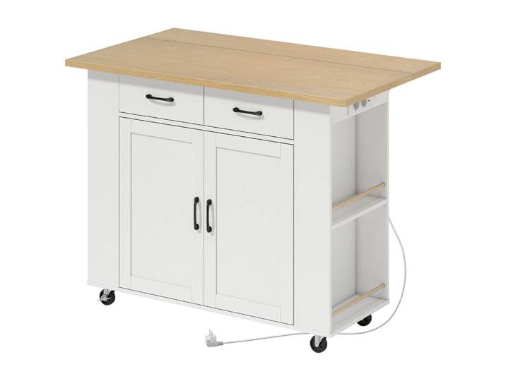 Ilot de cuisine station charge plan de travail rabattable bois blanc