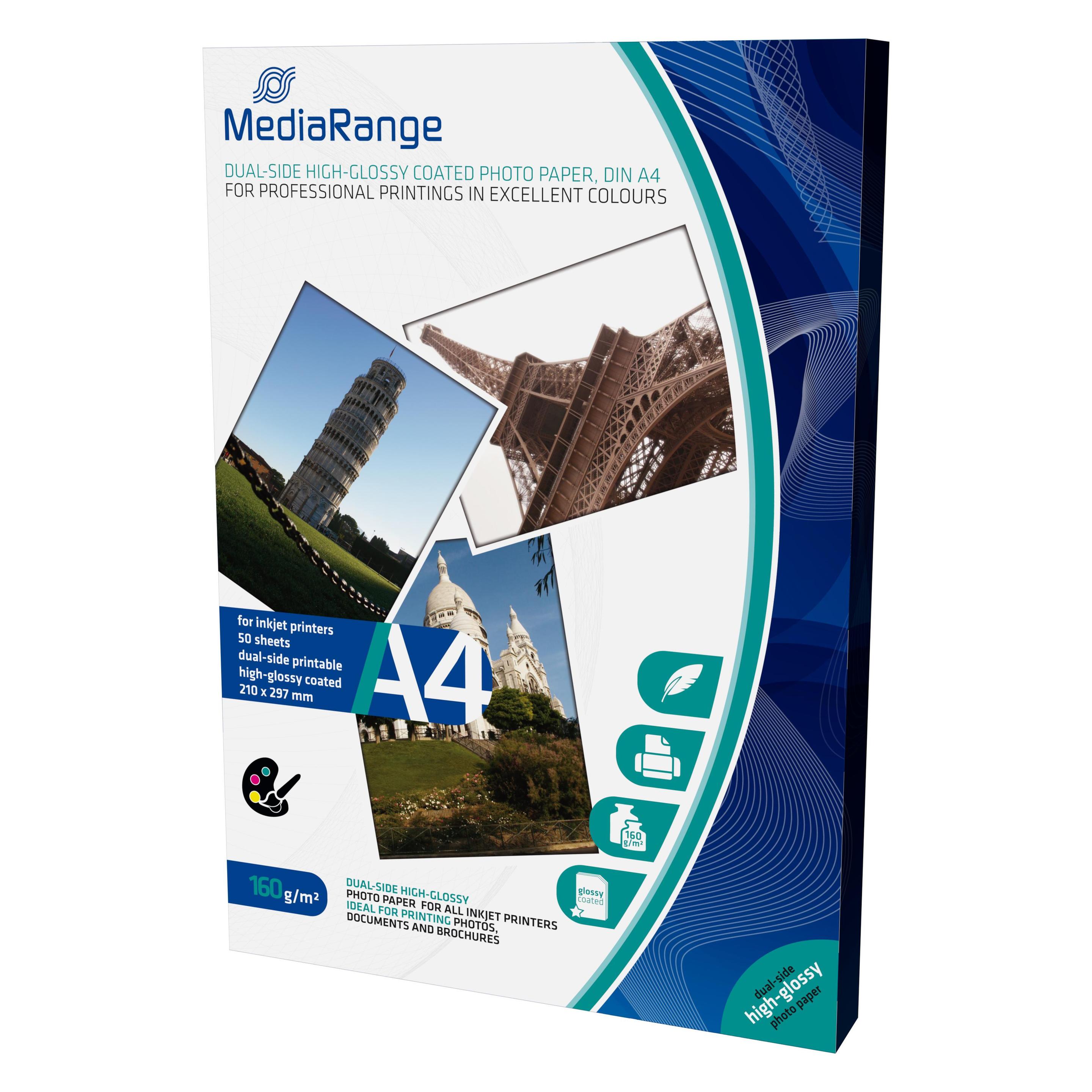 MediaRange Doppelseitiges hochglänzendes Fotopapier (160 g/m², A4, 50 Stk.) (MRINK108)