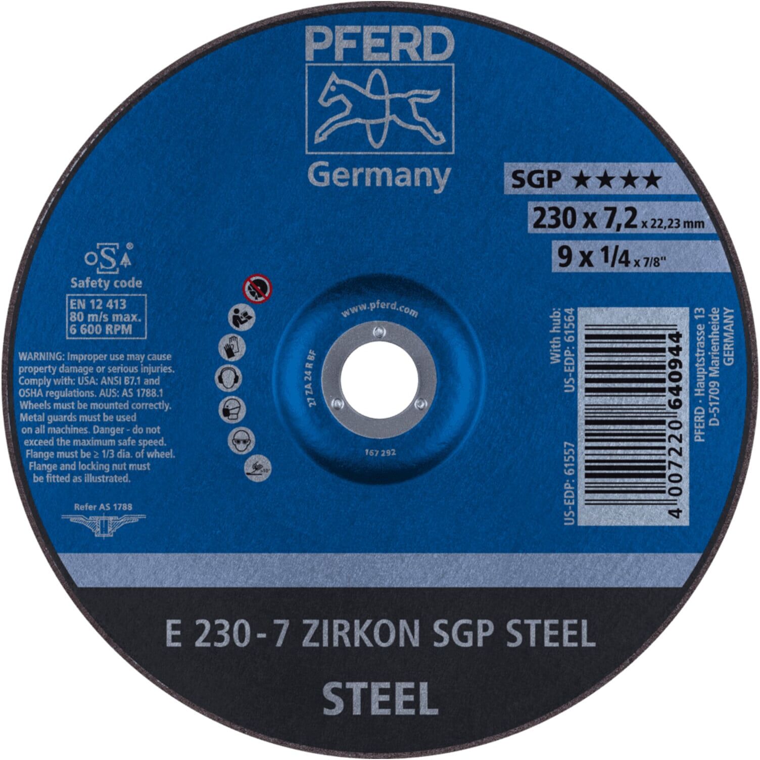 PFERD TOOLS Schruppscheibe E 230x7,2x22,23 mm ZIRKON Speziallinie SGP STEEL für Stahl (62223737)