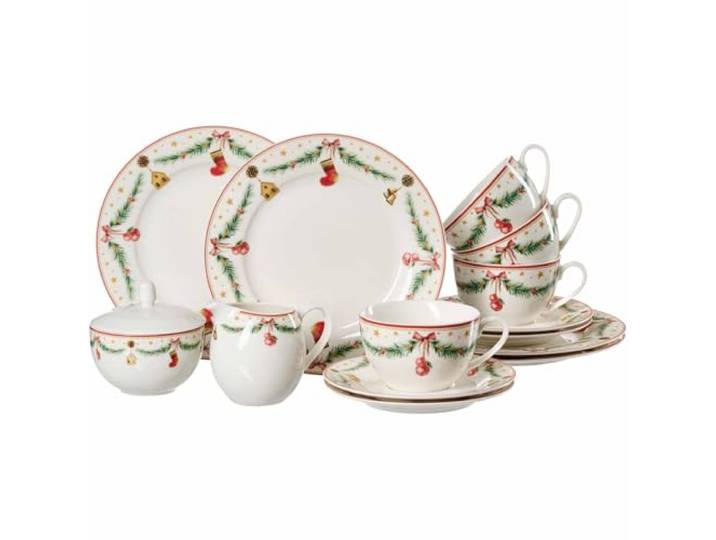 Ritzenhoff & Breker Holly Kaffeeservice 14-teilig für 4 Personen – Weihnachtsgeschirr aus Porzellan im Retro-Design – spülmaschinenfest & mikrowellengeeignet – Weiß/Rot/Grün