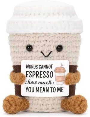 Uplift Picks Crochet Coffee Doll Emotional Support Plush Handmade Knitted Desk Ornament Gift coffee Cup 2