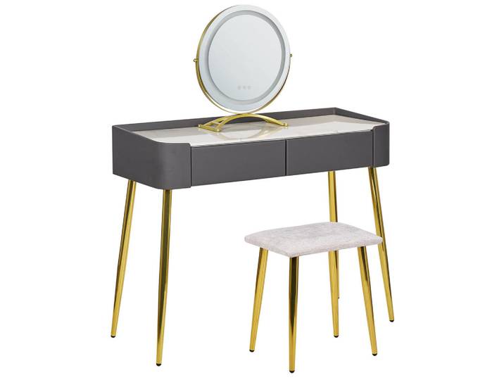 Beliani Schminktisch mit rundem LED-Spiegel Hocker 2 Schubladen grau/gold Surin, Grau, Goldfarben, Weiß, 100x133x41 cm, Schlafzimmer, Schminktische