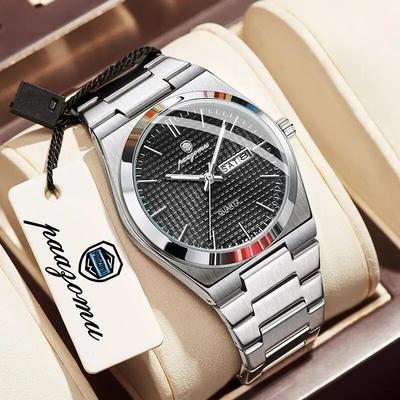 Uplift Treasures Luxury Mens Chronograph Watch Luminous Waterproof Leather Strap silver Black