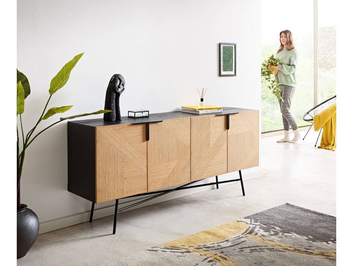DELIFE Sideboard Mikkusu 175 cm Bambus Natur Mango Schwarz 4 Türen Metall Schwarz, Sideboards