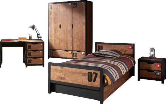 Die Kombination ALEX besteht aus einem Bett, einem Nachttisch, einem Rollbett, einem Schreibtisch und einem Kleiderschrank mit 3 Türen.