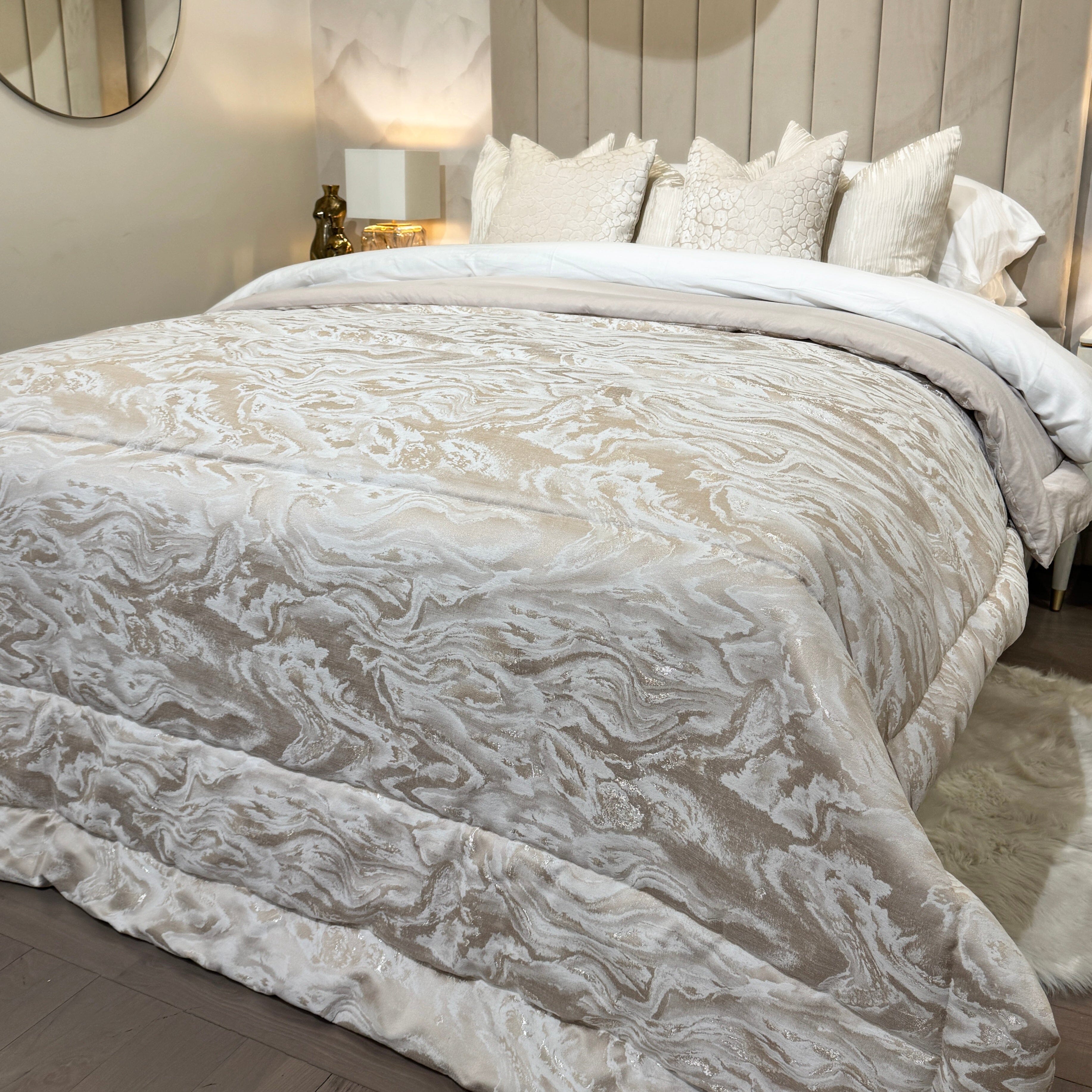 Aurora Luxury Cream & Taupe Marble Effect Bedspread, Super King