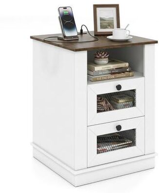 Costway Nightstand with Charging Station and 2 Drawers Storage Compartment for Bedroom-Rustic Brown