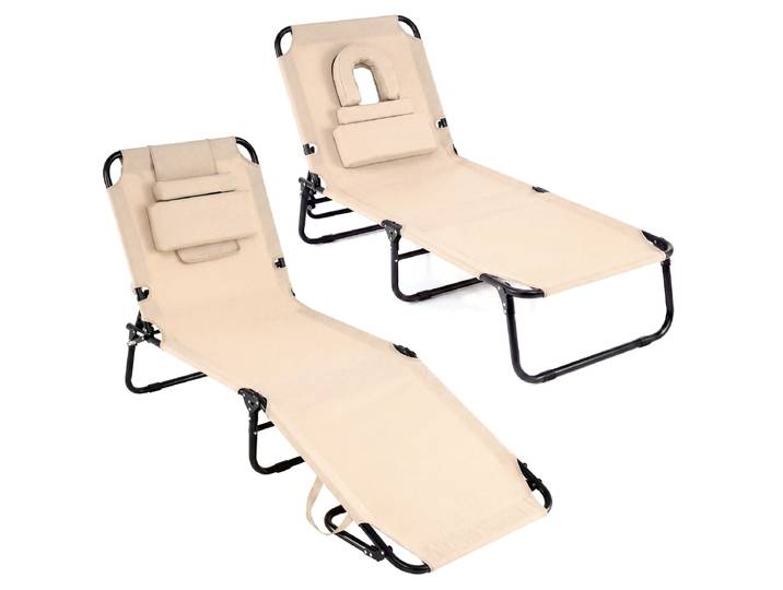 (2 Stucks)Zonnebed Ligstoel met 4-voudig Verstelbare Rugleuning Tuinligstoel Beige