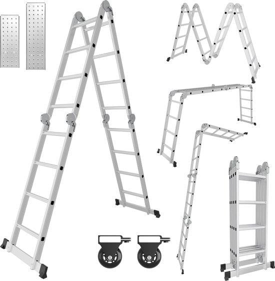Multifunctionele aluminium vouwladder 4x4 als leunladder en verlengladder in het zilver
