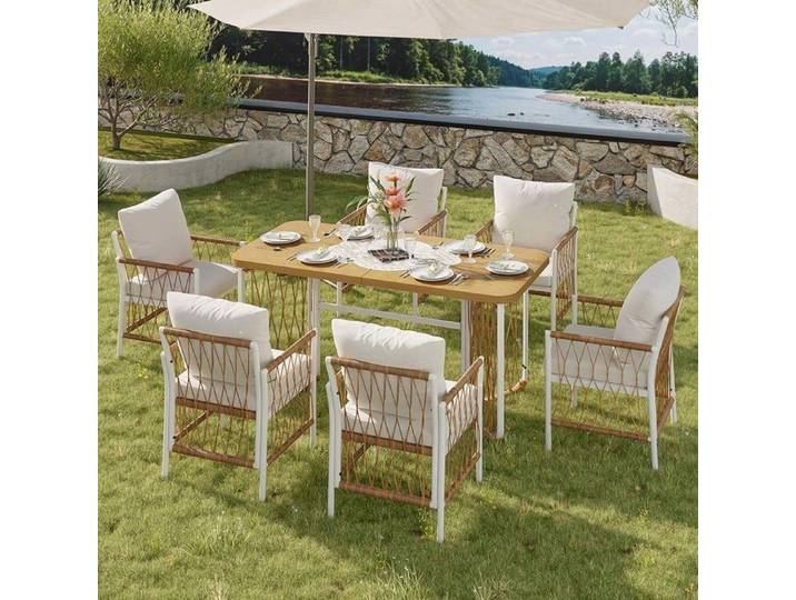 Ensemble de mobilier de jardin - Ensemble 7 pièces - 6 personnes - Structure fer blanc - Plateau effet bois