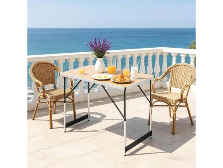 WUVRIE Table de jardin pliante réglable en hauteur rectangulaire aluminium et MDF aspect chêne clair