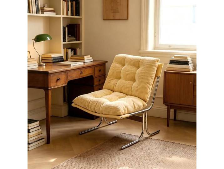 ROVRYN Fauteuil d'appoint lounge style Barcelona en velours côtelé crème avec pieds en métal