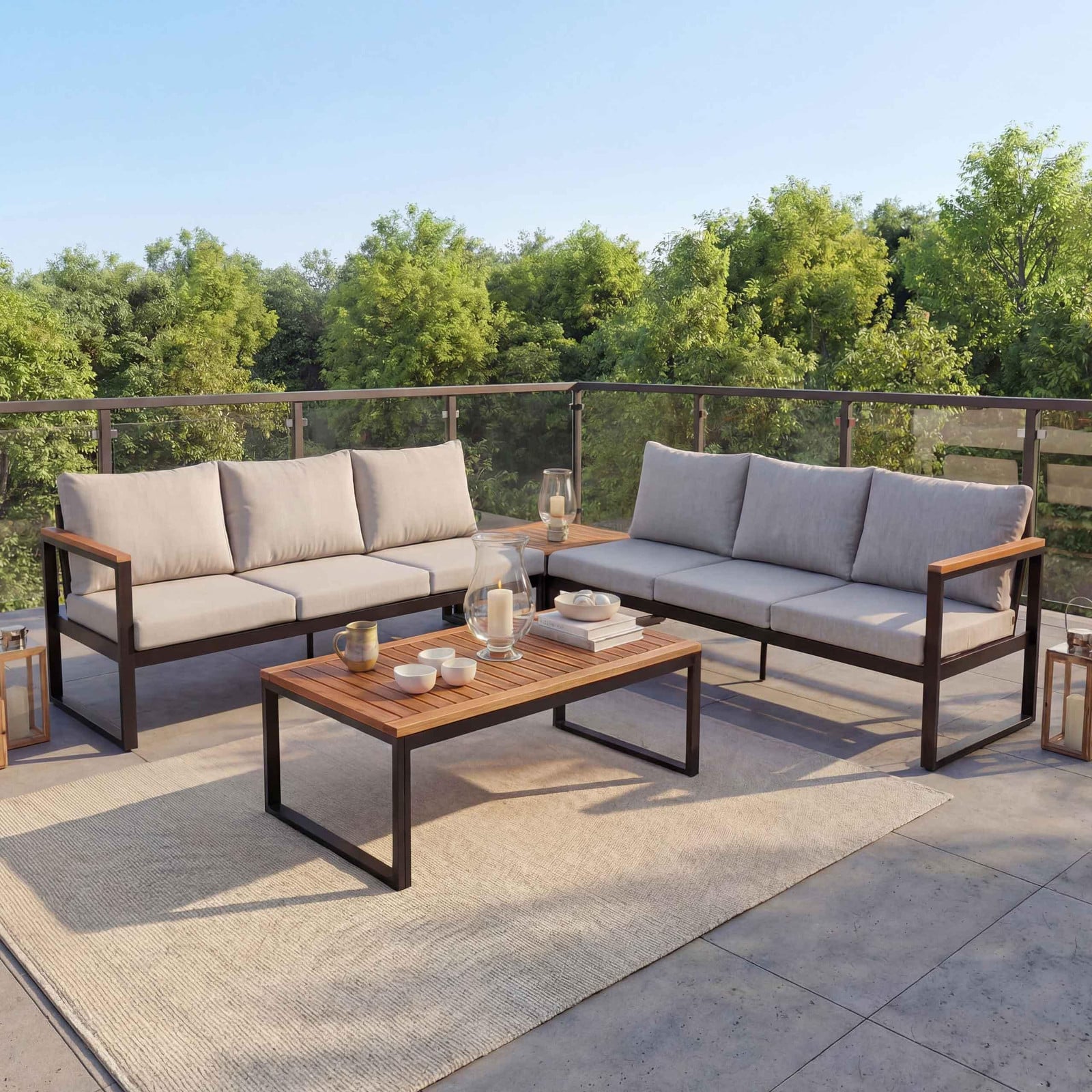 Mendler Tuinset HWC-L26 loungeset met sofa van aluminium en acaciahout in lichtgrijs