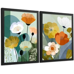 POSTER 2er-Set dekorative Badezimmerdrucke, moderne florale Wandposter für Waschbecken, Dusche, abstrakte florale, nordischer Stil Schwarzer Rahmen A3