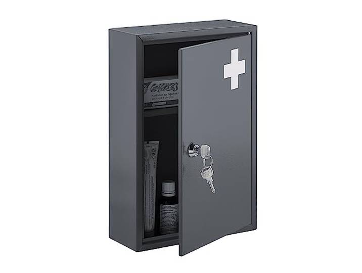 Relaxdays Armoire à Pharmacie\, verrouillable\, 2 Niveaux\, HxLxP: 32x21\,5x9\,5 cm\, Ranger médicaments\, Gris - Blanc