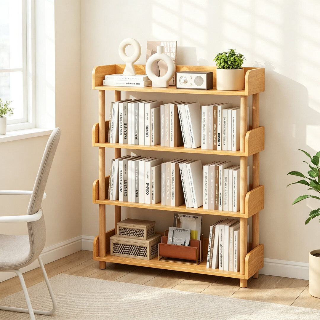Brambly Cottage Book Display Bookcase with Solid Wood Posts Natural 4-Tier