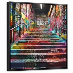 LEINWAND Bilder mit Rahmen - Treppe - Graffiti - Farben - Kunst - 50x50